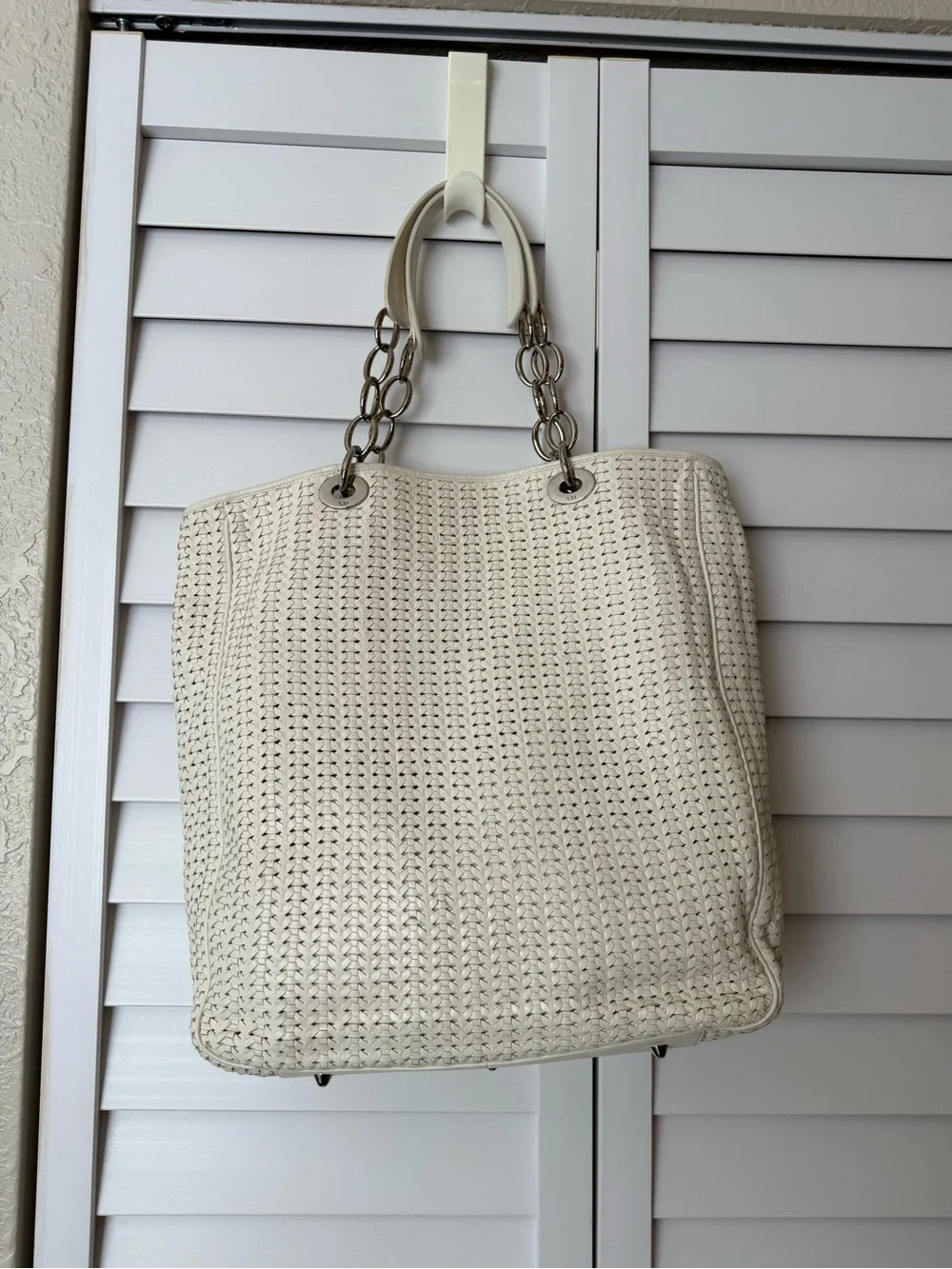 Authentic Christian Dior Woven Lambskin Soft Lady Dior Tote Bag, Silver Hardware